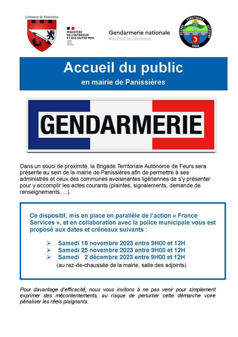 Lire la suite à propos de l’article Permanences de la gendarmerie en mairie de Panissières