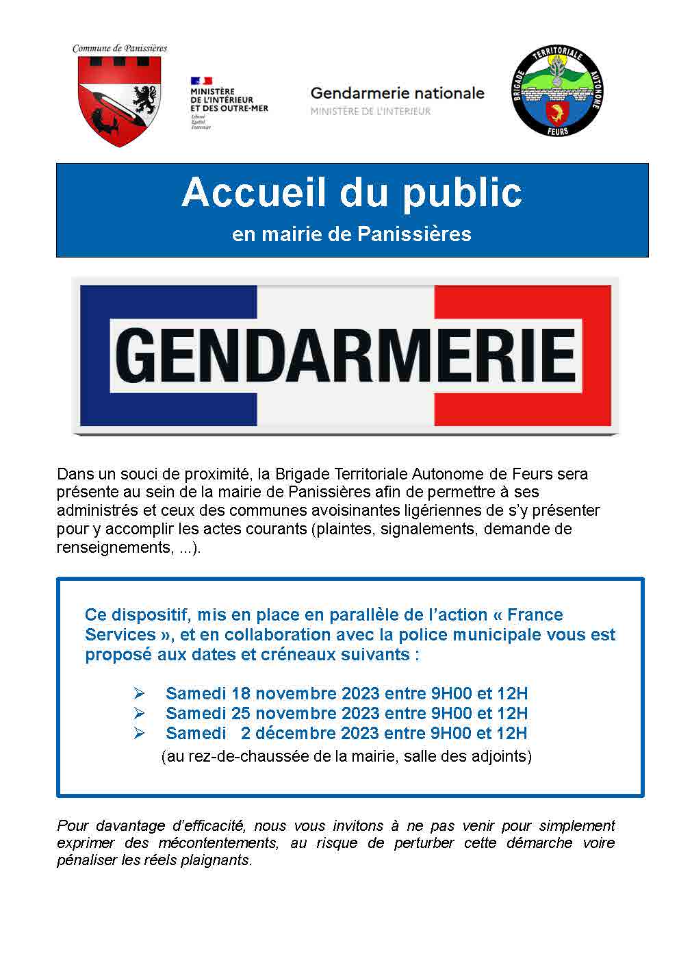 You are currently viewing Permanences de la gendarmerie en mairie de Panissières