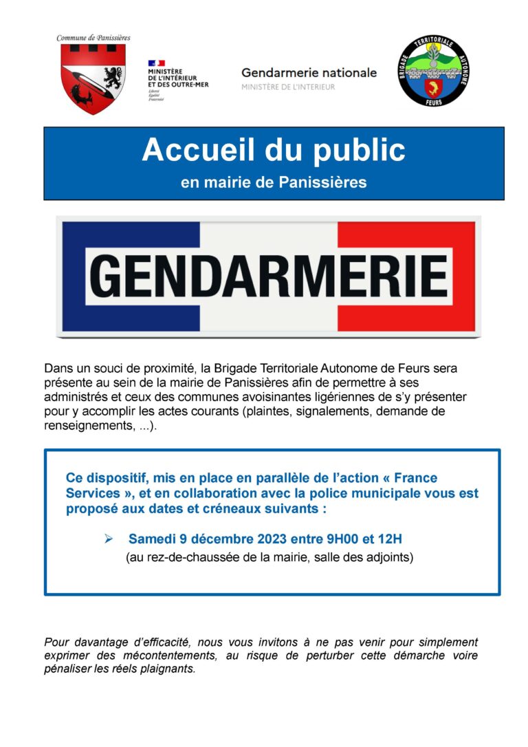 Lire la suite à propos de l’article Permanence gendarmerie à Panissières le 09/12